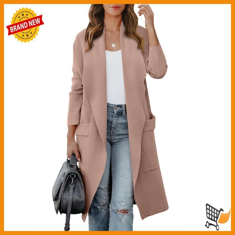 Oversized Knit Cardigan Thigh Length Open Front Pockets Cozy Sweater
